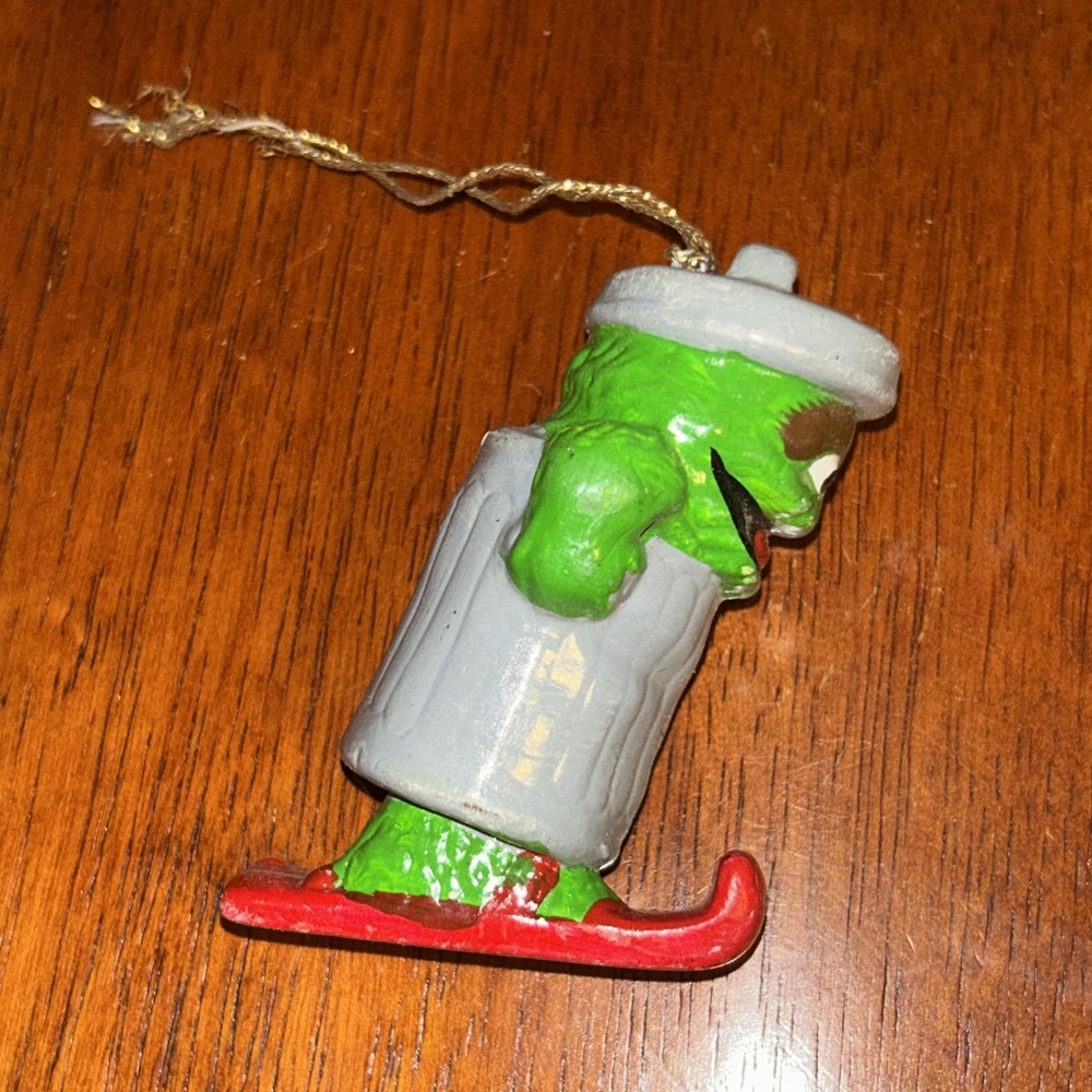 Vintage Sesame Street Oscar the Grouch On Skis Trash Can Christmas Ornament